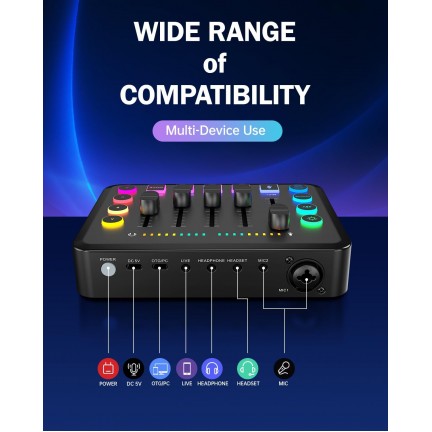 Gaming Audio Mixer Rechargeable Audio Interface RGB Mixer with XLR Mic Interface 48V Phantom Power for Podcast/Recording