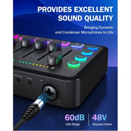 Gaming Audio Mixer Rechargeable Audio Interface RGB Mixer with XLR Mic Interface 48V Phantom Power for Podcast/Recording