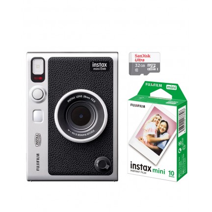 FUJIFILM INSTAX MINI EVO Hybrid Instant Camera Black with 32GB Memory Card&Instant Film-10 Sheets