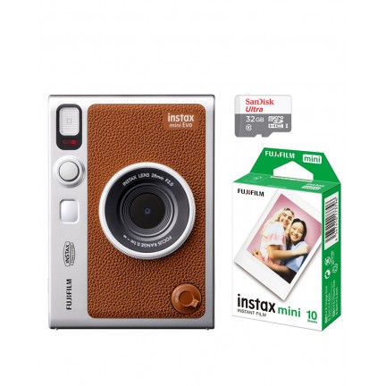 FUJIFILM INSTAX MINI EVO Hybrid Instant Camera Brown with 32GB Memory Card&Instant Film-10 Sheets