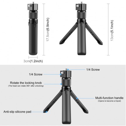 PULUZ Rotary Handle Desktop Tripod Stand 110cm Selfie Stick Monopod for Action Camera/Mobile/Insta360 X3/X4