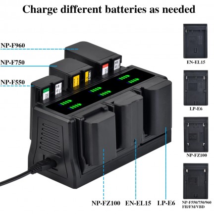 LED Display Charging Base 6-Slot Charger for NP-F970 NP-F750 NP-F550 NP-FZ100 LP-E6 EN-EL15 FNP-W235 Changeable Plate