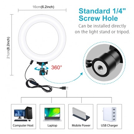 16cm LED Ring Vlogging Photography Video Lights with Mobile Clamp&Light Stand